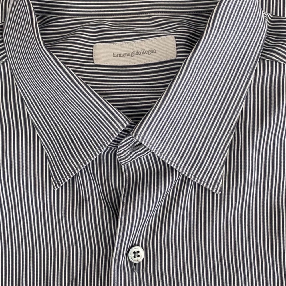 Ermenegildo Zegna Mens XXL Deep Blue Gray White Striped Cotton Button Down Italy